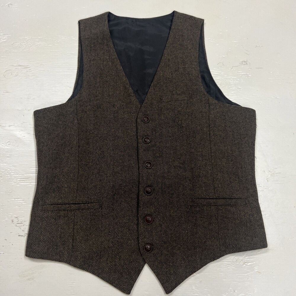 Voboom Waistcoat Men's Med Brown Herringbone Tweed Wool Blend Formal Casual Vest